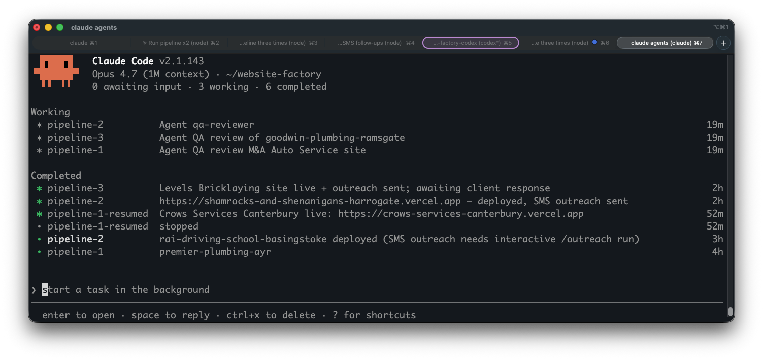 The claude agents TUI showing three pipeline-N background sessions in progress and several completed runs, each labelled with the client slug and current step.