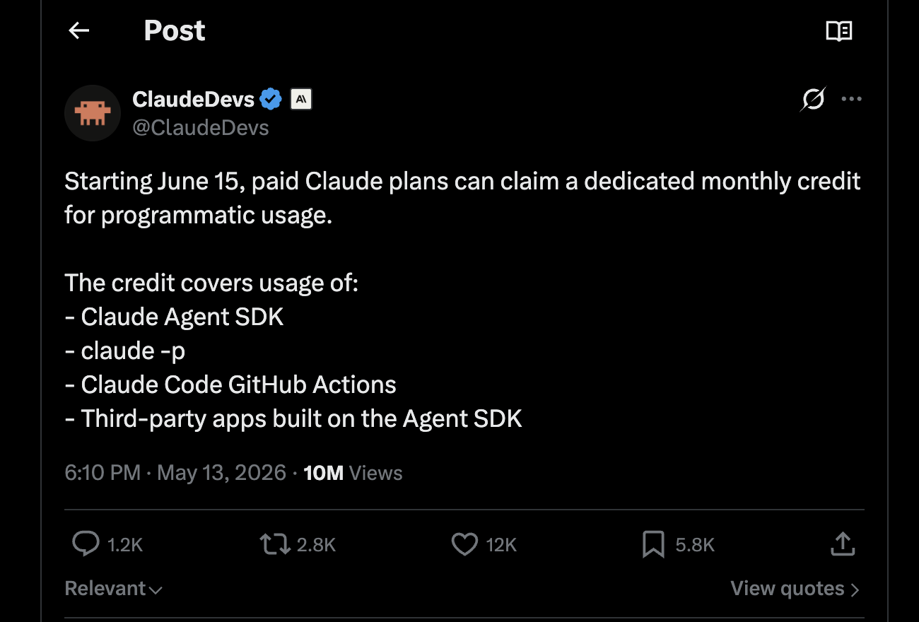 @ClaudeDevs tweet on X announcing the credit-pool change effective June 15, 2026.