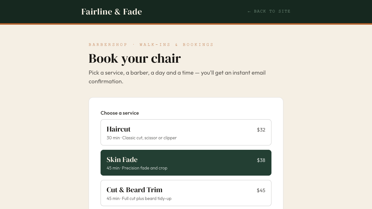 The same booking system on a barbershop site: a service picker with durations and prices, one service selected.