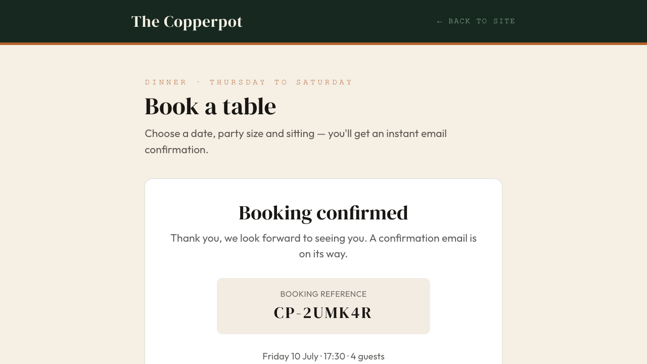 The confirmation screen showing a booking reference and the summary: Friday 10 July, 17:30, 4 guests.