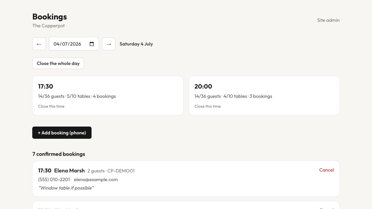 The staff dashboard showing two sittings with occupancy stats — 14/36 guests, 5/10 tables — and the evening's bookings with requests.