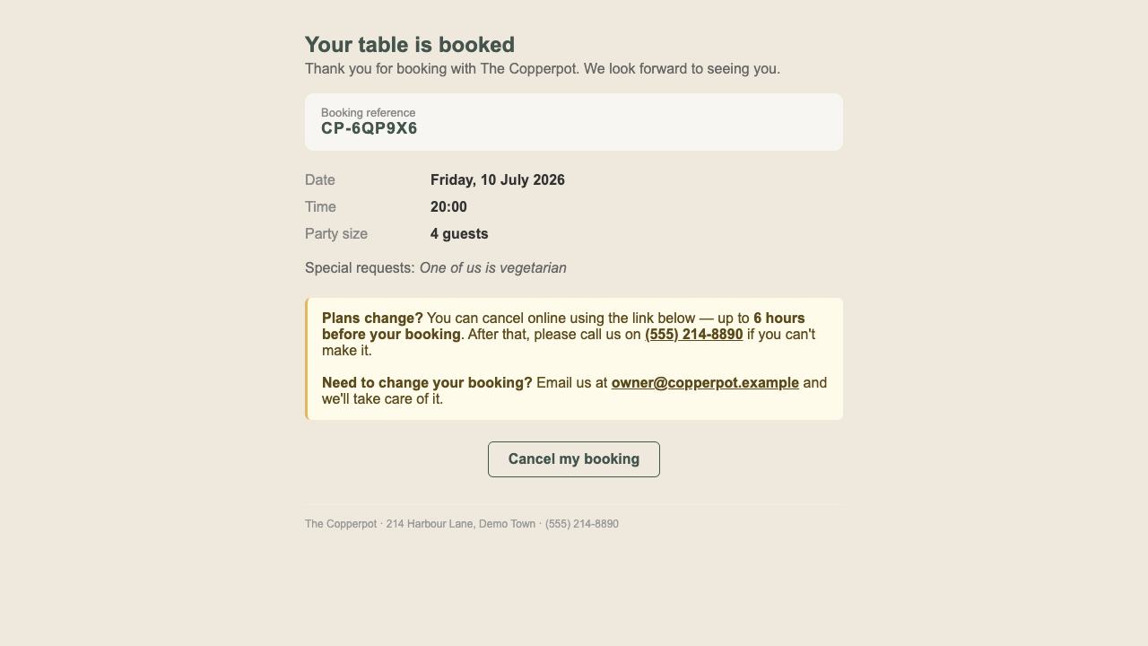 A booking confirmation email with the reference, date, time, party size, cancellation policy and a cancel button.
