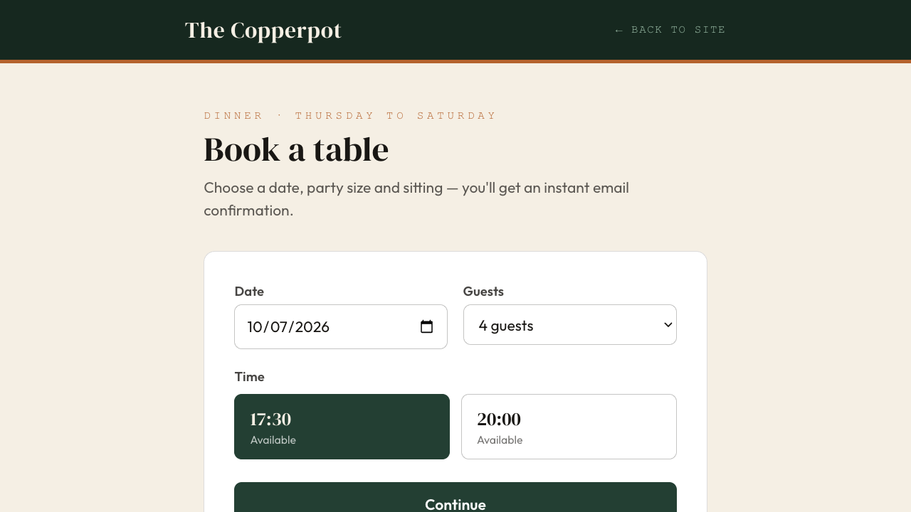 A restaurant booking page in the site's own branding, showing a date picker, a party-size selector, and two dinner sittings with one selected.