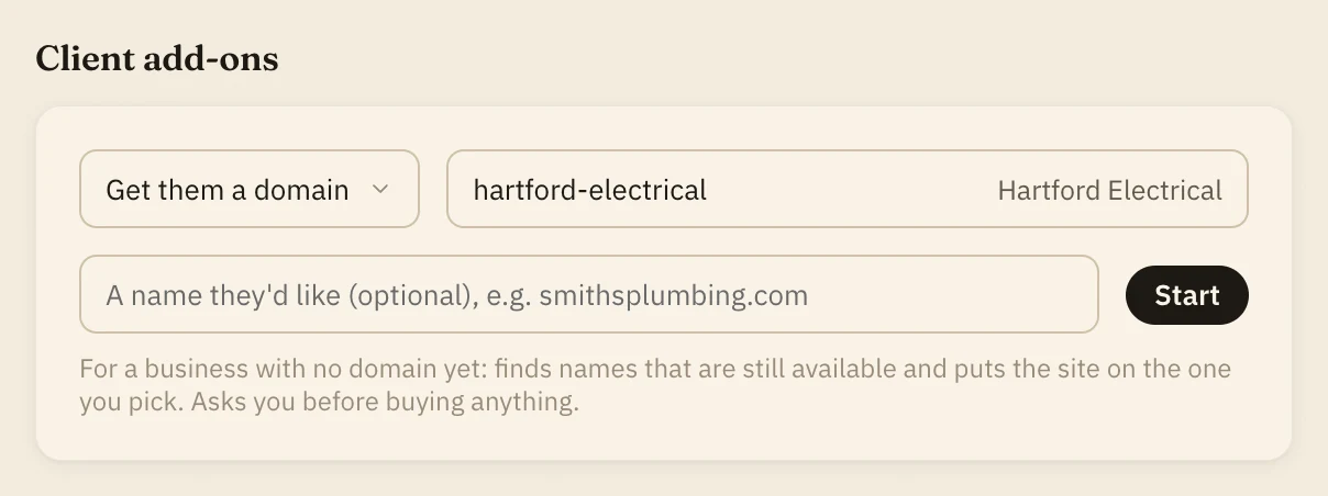 The Client add-ons card in the Klaudius app with Get them a domain picked for Hartford Electrical, an optional box for a name they'd like, and a Start button.