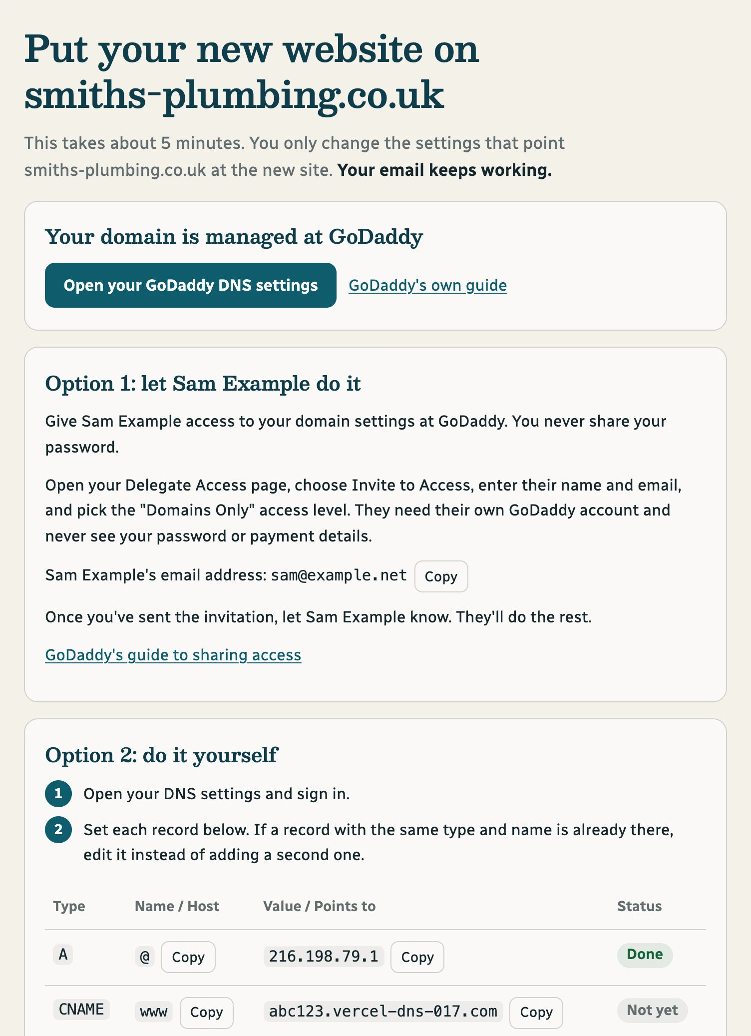 The page Klaudius puts on the client's preview site, in the site's own serif headings and teal colours: Put your new website on smiths-plumbing.co.uk, with a button to open their GoDaddy DNS settings, an option to give the agency access instead, and two numbered steps above a table of two records to set, one already marked Done.