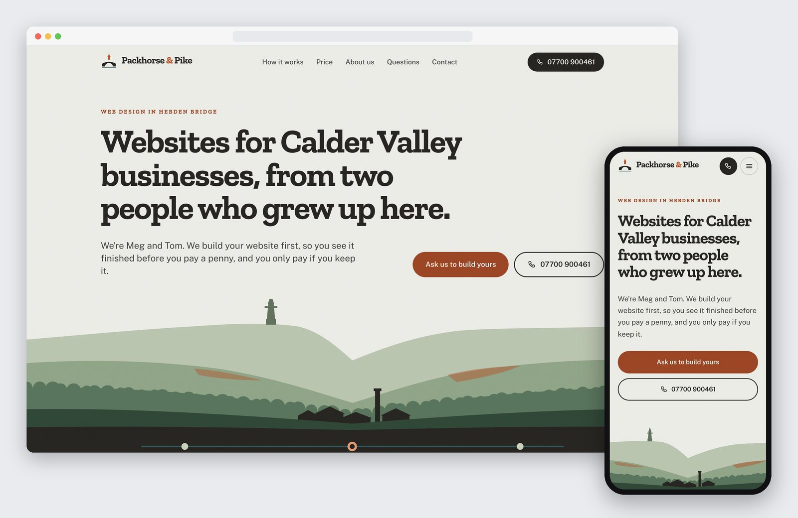 An example website for a fictional two-person web studio in Hebden Bridge, in a browser window and on a phone: the headline 'Websites for Calder Valley businesses, from two people who grew up here' above an illustration of the valley.