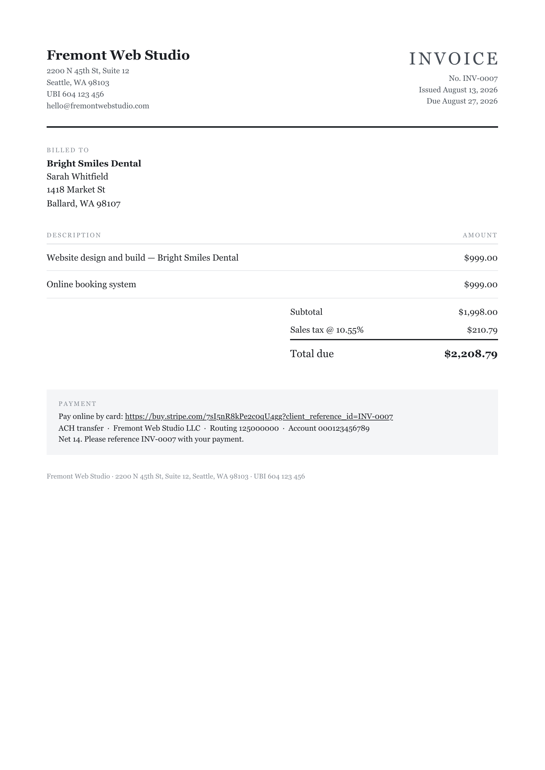 A generated PDF invoice: business identity in the header, billed-to block, line items, sales tax broken out, total due, a pay-by-card link, and bank transfer details.