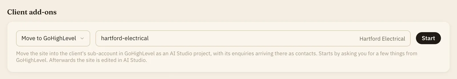 Client add-ons on the Runs page, with Move to GoHighLevel picked for a client