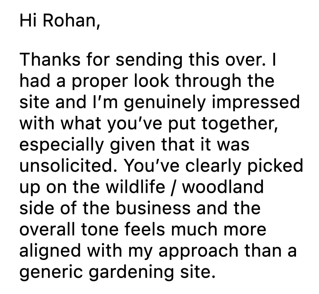 A gardener struck by the woodland focus of the site — an angle Klaudius spotted and built in entirely on its own.